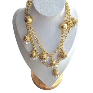HSN CN Imitation Pearl Necklace Clustered Beaded Gold Collar Tassel Chic India